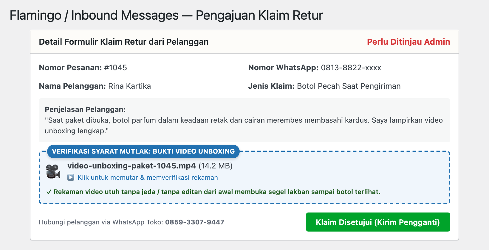 Customer return claims portal with mandatory unboxing video verification.