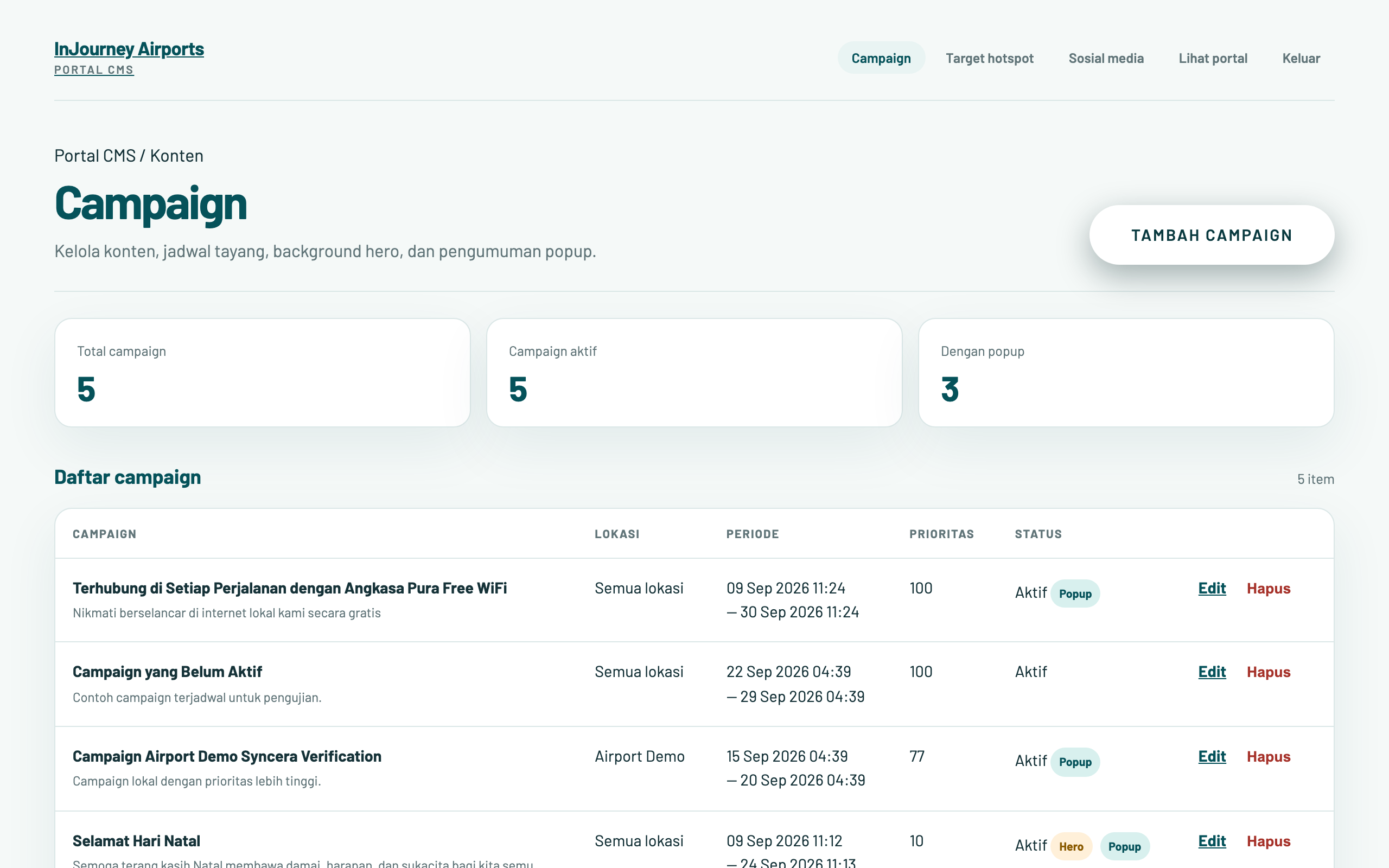Centralized Laravel CMS management console displaying scheduled campaigns, priority weights, and real-time status.