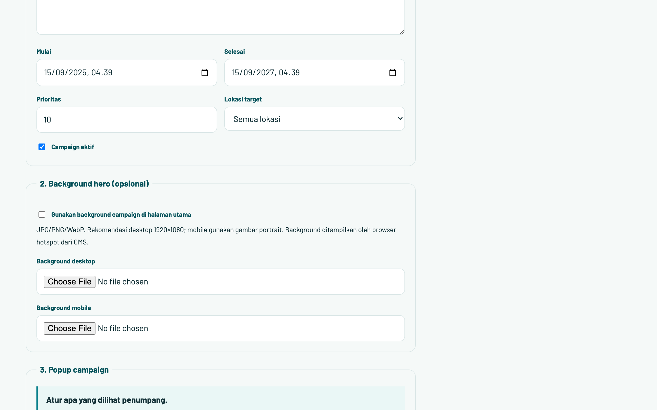 Multi-media campaign popup editor supporting images, auto-looping videos, slider duration, and CTA actions.