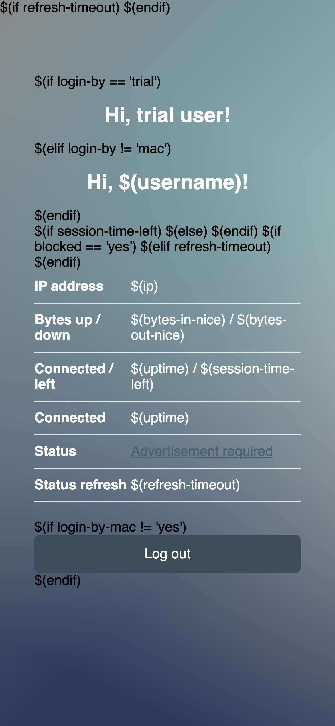 Post-authentication status screen displaying active session countdown timer and bandwidth consumption.