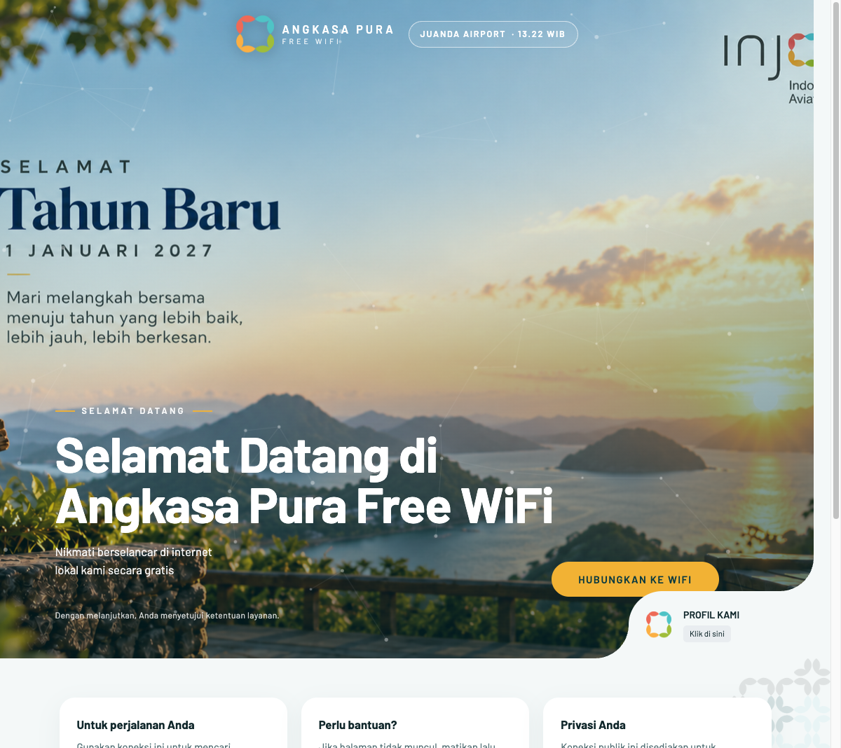 Production captive portal desktop experience featuring live WIB clock, InJourney branding, and holiday campaign.